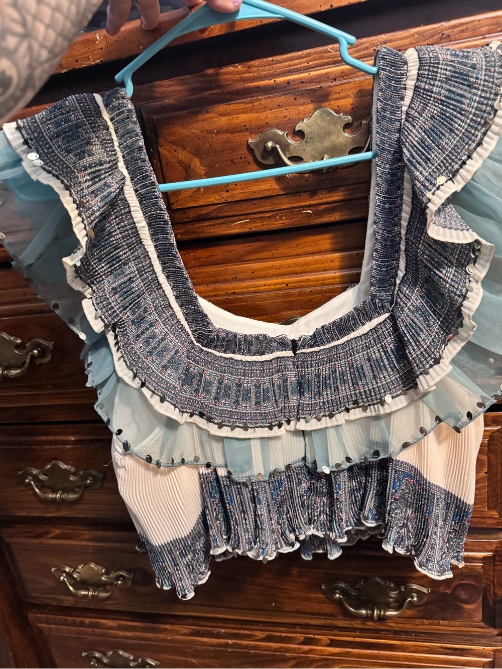 Anthropologie Smocked Ruffle Layered Blouse in Shades Of Blue and White - Picture 3 of 7